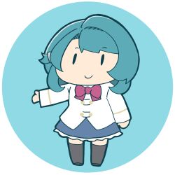 1girl aizawa_kazuha arm_at_side artist_name assault_lily asymmetrical_hair black_shoes black_thighhighs blue_background blue_hair blue_skirt bow bowtie chibi closed_mouth commentary_request full_body hair_ornament hairclip hand_up herensuge_girls_academy_school_uniform jacket long_sleeves looking_at_viewer lowres masaki_itsuki miniskirt outstretched_arm red_bow red_bowtie round_image school_uniform shoes short_hair simple_background skirt smile solo standing thighhighs transparent_background white_jacket zettai_ryouiki |_|