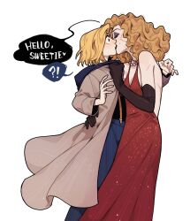 !? 2girls bare_shoulders black_gloves black_lips black_shirt blonde_hair blue_pants breasts brown_coat brown_eyes chinese_commentary cleavage closed_eyes clothes_grab coat collar_grab commentary_request couple curly_hair doctor_who dress elbow_gloves english_text eyelashes eyeshadow feet_out_of_frame from_side gloves highres hood hood_down hooded_coat jewelry juanmao kiss long_dress long_sleeves makeup multiple_girls necklace neckwear_grab open_clothes open_coat pants pearl_necklace purple_eyeshadow red_dress river_song shirt short_hair simple_background sleeveless sleeveless_dress speech_bubble spoken_interrobang standing surprised suspenders the_doctor_(doctor_who) thirteenth_doctor_(doctor_who) white_background wife_and_wife yuri