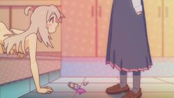 2girls ahoge all_fours black_pantyhose black_skirt blush bottle breasts brown_eyes brown_shoes clothed_female_nude_female commentary completely_nude doorway from_side grey_hair highres hozuki_momiji implied_sex indoors katsukareraisu loafers long_hair meme multiple_girls nude onii-chan_wa_oshimai! open_mouth oyama_mahiro pantyhose parody pleated_skirt shoes skirt small_breasts spill tile_floor tiles yosuga_no_sora yosuga_no_sora_door_scene_(meme)