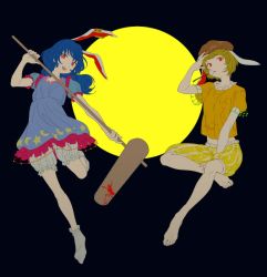 2girls animal_ears asawa_(dm_owr) bad_id bad_twitter_id blonde_hair bloomers blue_background blue_dress blue_hair dango dress earclip flat_cap floppy_ears food full_moon hat kine long_hair mallet moon multiple_girls night open_mouth rabbit_ears red_eyes ringo_(touhou) seiran_(touhou) shirt short_dress short_hair shorts simple_background smile socks touhou underwear wagashi