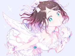 1girl angel_wings blue_eyes breasts dress halo highres kaga_nazuna large_breasts lupinus_virtual_games niboshidrip off_shoulder pink_ribbon ribbon vspo! white_dress wings