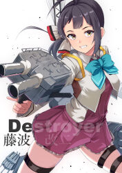 Rule 34 | 1girl, adapted turret, ahoge, anti-aircraft, anti-aircraft gun, asymmetrical bangs, black hair, bow, bowtie, breasts, cannon, character name, cowboy shot, dress, fujinami (kancolle), fujinami kai ni (kancolle), hair ribbon, highres, holding, holding turret, kantai collection, long hair, long sleeves, machinery, medium hair, purple hair, ribbon, rigging, school uniform, ship turret, shirt, side ponytail, small breasts, smile, smokestack, solo, tirasi (so), torpedo launcher, torpedo tubes, turret, white ribbon, white shirt, yellow eyes