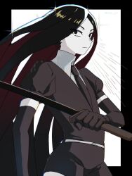 1other black_border black_gloves black_hair black_necktie black_shorts border bort colored_inner_hair commentary elbow_gloves emphasis_lines gem_uniform_(houseki_no_kuni) gloves highres holding holding_sword holding_weapon houseki_no_kuni long_hair mae_giii multicolored_hair necktie other_focus outside_border red_hair shirt shorts sparkle standing sword two-tone_hair very_long_hair weapon white_shirt