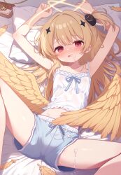 1girl absurdres arms_up blonde_hair blue_shorts camisole chucolala commentary_request commission cum cum_in_mouth cum_on_body cum_on_clothes cum_on_wings dolphin_shorts double_halo facial feathered_wings flat_chest halo head_on_pillow highres kohaku_rinne large_variant_set loli long_hair looking_at_viewer low_wings lying midriff on_back one_side_up pillow pixiv_commission red_eyes shorts solo spread_legs suzumiya_rin variant_set virtual_youtuber white_camisole wings yellow_halo yellow_wings