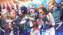 6+boys bishounen black_gloves blonde_hair blue_eyes blue_hair brown_eyes brown_hair dolustoy edgar_valtinas gloves grey_hair highres holding holding_microphone idol idol_clothes inazuma_eleven inazuma_eleven_(series) inazuma_eleven_ares_no_tenbin inazuma_eleven_go inazuma_eleven_go_galaxy kusaka_ryuuji light_blue_hair long_hair male_focus mansaku_yuuichirou michinari_tatsumi microphone multiple_boys open_mouth orange_eyes pink_hair pointy_ears purple_hair saginuma_osamu screen senguuji_yamato stage stage_lights upper_body white_gloves yellow_eyes