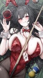 1girl :q absurdres alcohol animal_ears azur_lane bare_arms bare_shoulders black_hair black_pantyhose blush bow bowtie breasts closed_mouth cup detached_collar fake_animal_ears highleg highleg_leotard highres large_breasts leotard long_hair looking_at_viewer lying marse_(rokudaime) official_alternate_costume on_back pantyhose playboy_bunny red_bow red_bowtie red_eyes red_leotard sideboob smile solo taihou_(azur_lane) taihou_(fun_on_the_baize)_(azur_lane) tongue tongue_out wine wrist_cuffs