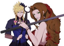 1boy 1girl aerith_gainsborough aerith_gainsborough_(red_dress) aqua_eyes blonde_hair blue_dress bow bracelet braid breasts brown_hair cloud_strife cloud_strife_(blue_dress) cowboy_shot crossdressing dress eyelashes final_fantasy final_fantasy_vii final_fantasy_vii_remake forehead green_eyes hair_between_eyes hair_bow hair_intakes hair_ribbon highres holding igusaharu jewelry large_breasts long_hair looking_at_viewer official_alternate_costume red_dress ribbon sidelocks simple_background smile spiked_hair square_enix strapless strapless_dress teeth trap twin_braids twitter_username upper_body wall_market white_background