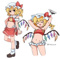 Rule 34 | 1girl, adapted costume, arms behind back, arms up, ascot, bikini, blonde hair, bow, brown shoes, closed eyes, commentary request, criss-cross halter, cropped legs, cropped shirt, flandre day, flandre scarlet, full body, halterneck, hat, hat bow, highleg, highleg bikini, highres, long hair, looking at viewer, miniskirt, mob cap, multiple views, ramudia (lamyun), red bikini, red bow, red eyes, red shirt, red skirt, shirt, shoes, side slit, simple background, skirt, socks, squiggle, standing, standing on one leg, stomach, sweat, swimsuit, touhou, twitter username, white background, white bikini, white hat, white socks, wings, wrist cuffs, yellow ascot