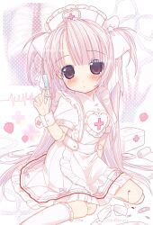 1girl 2000s_(style) bandaid blood blush bow commentary commission cross doll doll_joints dress english_commentary first_aid_kit food frilled_dress frills fruit hair_bow hat heart highres holding holding_syringe joints long_hair looking_at_viewer nurse nurse_cap original pill pink_eyes pink_hair red_cross ribbon ryuudouji_(p0myu) sitting socks solo strawberry syringe two_side_up very_long_hair white_bow white_dress white_socks