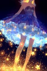 1girl arms_at_sides bare_shoulders black_background black_choker blonde_hair blue_dress choker clothes_focus cloud commentary dress english_commentary feet_out_of_frame from_below glowing glowing_hair head_out_of_frame highres light_particles medium_dress medium_hair moon_phases moon_print original petticoat see-through_clothes see-through_dress shooting_star solo standing star_(symbol) starry_sky_print strapless strapless_dress yuumei