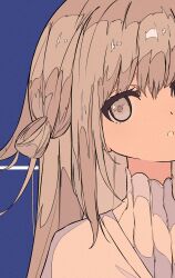 1girl :o absurdres aged_down blue_background cropped dress green_eyes grey_hair hair_bun highres long_hair looking_at_viewer reverse:1999 single_side_bun solo upper_body vertin_(reverse:1999) white_dress xiao_jin_caoooooooi
