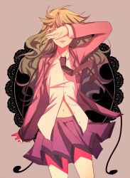 1girl ansatsu_kyoushitsu artist_name black_necktie collared_shirt covering_own_eyes cowboy_shot grey_jacket grey_skirt hanatsu04 jacket kayano_kaede kunugigaoka_middle_school_uniform long_sleeves navel necktie open_clothes open_jacket parted_lips pleated_skirt school_uniform shirt skirt solo white_shirt