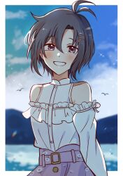 absurdres alternate_hairstyle antenna_hair bird black_hair blurry depth_of_field des_(desoowee) detached_sleeves flower_hairpin hair_ornament hairpin highres idolmaster idolmaster_million_live! idolmaster_million_live!_theater_days kikuchi_makoto looking_at_viewer ocean private_dress_(idolmaster_million_live!) purple_eyes purple_skirt shirt skirt smile white_shirt