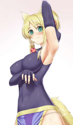 Rule 34 | 1girl, animal ears, armpits, blonde hair, blush, breasts, detached sleeves, dog days, dog ears, dog girl, dog tail, female focus, green eyes, kamegawara nikuo, large breasts, looking at viewer, panties, smile, solo, string panties, sweat, sweatdrop, tail, underwear, upper body, white panties, yukikaze panettone