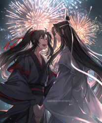2boys :d black_hair black_hanfu chinese_clothes eye_contact fireworks hair_ornament hair_ribbon hanfu headband high_ponytail holding_hands lan_wangji layered_sleeves long_hair long_sleeves looking_at_another male_focus modao_zushi multiple_boys night night_sky open_mouth outdoors ponytail purple_eyes red_ribbon ribbon robe sash sidelocks sky smile standing tassel tassel_hair_ornament teeth topknot twitter_username usagishi very_long_hair watermark wei_wuxian white_hanfu white_headband wide_sleeves xiao_guan_(headdress) yaoi yellow_eyes