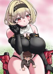 1boy 1girl :i absurdres armored_boots bare_shoulders between_legs black_gloves black_hairband black_leotard blonde_hair blush boots breasts brown_hair brown_jacket closed_mouth commander_(nikke) commentary_request crossed_bangs gloves goddess_of_victory:_nikke groin hair_between_eyes hair_ornament hairband hairclip hand_up highres impossible_clothes impossible_leotard jacket large_breasts leotard long_sleeves looking_at_another medium_hair military_jacket military_uniform mini_person miniboy multicolored_leotard necktie nose_blush o_o on_grass panties_under_leotard red_boots red_eyes red_shoes_(nikke) sakurazaka_mirai short_hair sidelocks sitting smile sweat two-tone_leotard wariza white_leotard white_necktie