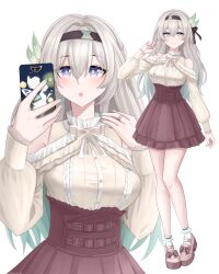 1girl absurdres alternate_costume blush boots bow breasts brown_bow brown_skirt casual cellphone closed_mouth firefly_(honkai:_star_rail) full_body green_nails grey_hair hair_between_eyes hair_ornament hairband highres hivern holding holding_phone honkai:_star_rail honkai_(series) jewelry large_breasts looking_at_viewer open_mouth phone pink_eyes ring selfie simple_background skirt smartphone smile socks thighs white_background white_socks