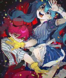 2girls apron arm_up ascot asymmetrical_footwear black_necktie blue_dress blue_hair blue_shoes bow breasts buttons collared_dress confetti covered_mouth crazy_eyes crazy_smile curtains dress drill_hair floating_hair frills gloves grey_eyes hair_between_eyes hair_bow hand_up hat hatsune_miku highres jumping kasane_teto kugai697139 long_hair long_sleeves medium_breasts mesmerizer_(vocaloid) mini_hat mismatched_footwear multiple_girls necktie official_alternate_costume open_mouth pants pink_hair puffy_long_sleeves puffy_short_sleeves puffy_sleeves red_eyes red_hat red_pants red_pupils red_shoes ribbon shadow sharp_teeth shirt shoes short_sleeves smile socks striped_bow striped_clothes striped_dress striped_shirt suspenders teeth tongue tongue_out twin_drills twintails utau vertical-striped_clothes vertical-striped_dress vertical-striped_shirt vocaloid wavy_hair white_apron white_ascot white_bow white_ribbon white_shirt white_socks wrist_cuffs yellow_gloves