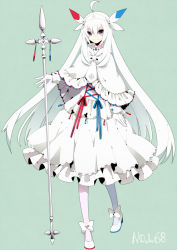 1girl ahoge arm_at_side asymmetrical_legwear bad_id bad_link bad_nicoseiga_id blue_pantyhose blue_ribbon bow bowtie capelet closed_mouth commentary_request dress female_focus footwear_bow frilled_capelet frilled_dress frills full_body gen_4_pokemon gloves green_background grey_eyes hair_between_eyes hair_ribbon hairband hand_up happy highres holding holding_polearm holding_weapon long_hair looking_at_viewer merlusa mismatched_legwear necktie nintendo pantyhose partisan_(weapon) personification pigeon-toed pokedex_number pokemon polearm red_pantyhose red_ribbon ribbon shoes short_necktie sidelocks simple_background smile solo split_mouth standing togekiss very_long_hair weapon white_bow white_bowtie white_capelet white_dress white_gloves white_hair white_hairband white_necktie white_shoes