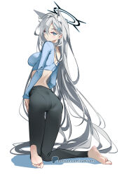 1girl animal_ear_fluff animal_ears barefoot black_pants blue_archive blue_eyes blue_shirt breasts closed_mouth cross_hair_ornament dark_halo extra_ears full_body grey_hair hair_between_eyes hair_ornament halo large_breasts long_hair long_sleeves pants shiroko_(blue_archive) shiroko_terror_(blue_archive) shirt simple_background soles solo sydus toes white_background wolf_ears