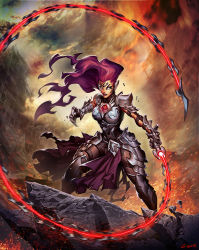 1girl armor armored_boots armored_dress barbs_of_scorn belt boots breastplate breasts building cliff cloud commentary darksiders darksiders_iii dress energy energy_whip english_commentary facial_mark facing_viewer female_focus fighting_stance floating_hair fury_(darksiders) gauntlets genzoman gloves glowing glowing_eyes glowing_weapon hand_up holding holding_weapon holding_whip large_breasts long_hair looking_at_viewer magic no_pupils official_art open_mouth outdoors pupiless_eyes purple_hair razor_chain_whip scorn_(darksiders) sky solo standing sword teeth tongue weapon whip whip_sword white_eyes