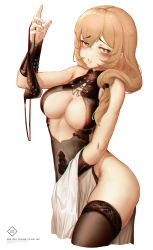 1girl bare_shoulders black_panties black_thighhighs blush breasts brown_hair cleavage cleavage_cutout clothing_cutout commentary_request dress english_text genshin_impact green_eyes hair_between_eyes heart heart-shaped_pupils highres holding holding_unworn_clothes holding_panties holding_underwear holding_unworn_clothes l_ract large_breasts lisa_(genshin_impact) long_hair looking_at_viewer panties revealing_clothes simple_background solo standing symbol-shaped_pupils thighhighs underwear unworn_panties white_background