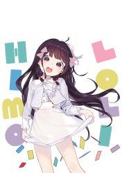 Rule 34 | 1girl, ahoge, black hair, blunt bangs, blush, bow, buttons, clothes lift, confetti, covered navel, dot nose, feet out of frame, hair bow, head tilt, henreader, highres, kyou kara ore wa loli no himo!, lifting own clothes, long hair, long sleeves, looking at viewer, nijou touka, non-web source, open mouth, romaji text, see-through clothes, see-through skirt, skirt, skirt lift, solo, straight-on, tareme, very long hair, white background, white skirt