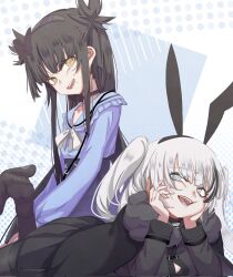 2girls animal_ear_hairband animal_ears black_dress black_hair black_pantyhose black_streaks blue_eyes blue_shirt bow breasts butterfly_hair_ornament choker commentary cosplay costume_switch dress english_commentary fake_animal_ears goth_fashion gothic_lolita hair_ornament hairband head_rest highres lolita_fashion long_hair looking_at_viewer lying merryweather mole mole_under_mouth multicolored_hair multiple_girls on_stomach open_mouth ophelia_(merryweather) original pantyhose rabbit_ear_hairband rabbit_ears sally_sinclair shirt single_hair_streak sitting smile twintails two-tone_hair white_hair yellow_eyes