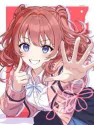Rule 34 | 1girl, absurdres, black overskirt, blazer, blue eyes, blue ribbon, blue skirt, blush, border, brown hair, brown jacket, dress shirt, finger to cheek, foreshortening, gakuen idolmaster, grin, hanami saki, hatsuboshi gakuen school uniform, highres, idolmaster, jacket, long hair, looking at viewer, neck ribbon, outside border, pixiv username, red background, ribbon, school uniform, shirt, shirt tucked in, signature, skirt, smile, solo, two side up, white border, white shirt, zc007