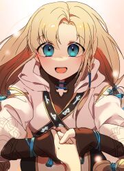 1girl 2seha blonde_hair blony_(mabinogi) blue_eyes fingerless_gloves gloves highres looking_at_another mabinogi pov pov_hands robe simple_background smile