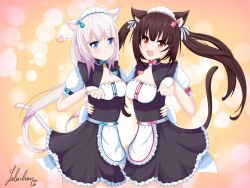 Rule 34 | 2girls, :d, animal ear fluff, animal ears, apron, arm around waist, asymmetrical docking, back bow, bell, black shirt, black skirt, blue bow, blue bowtie, blue eyes, blunt bangs, blush, bow, bowtie, breast press, breasts, brown eyes, brown hair, buttons, cat ears, cat girl, cat tail, chocola (nekopara), cleavage, cleavage cutout, closed mouth, clothing cutout, commentary, cowboy shot, english commentary, eyelashes, floating hair, frilled apron, frilled skirt, frills, hair bow, hair ribbon, hand up, happy, heart, heart button, jingle bell, lalachan208, long hair, looking at viewer, low twintails, maid, maid apron, maid headdress, medium breasts, multiple girls, name tag, neck bell, nekopara, open mouth, orange background, paw pose, pink bow, pink bowtie, ribbon, shirt, siblings, signature, simple background, sisters, skirt, small breasts, smile, tail, tail raised, tareme, tsurime, twins, twintails, vanilla (nekopara), very long hair, waist apron, white apron, white bow, white hair, white ribbon, wrist cuffs