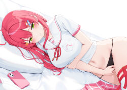 1girl ahoge bandaid bandaid_hair_ornament black_panties blush breast_pocket breasts cat_hair_ornament commentary commentary_request english_commentary green_eyes hair_ornament hairclip holding_own_arm hololive large_breasts long_hair looking_at_viewer lying mixed-language_commentary navel neck_ribbon no_pants nyan_(reinyan_007) official_alternate_costume on_side paid_reward_available panties parted_lips pink_skirt plaid_clothes plaid_skirt pleated_skirt pocket red_ribbon ribbon sailor_collar sakura_miko sakura_miko_(school_uniform) school_uniform shirt short_sleeves skirt solo string_panties thigh_strap thighhighs underwear unworn_shirt unworn_skirt virtual_youtuber white_sailor_collar white_shirt white_thighhighs