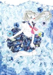 Rule 34 | 1girl, 922pochan, :d, abstract, abstract background, bare legs, barefoot, blonde hair, blue background, blue eyes, blue sailor collar, blue skirt, flower, from side, full body, highres, long hair, lower teeth only, masking tape (medium), medium skirt, mixed media, neckerchief, open mouth, original, red neckerchief, sailor collar, sailor shirt, shirt, short sleeves, sidelocks, skirt, smile, solo, swept bangs, teeth, traditional media, unconventional media, white shirt