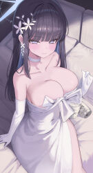 1girl absurdres bare_shoulders beer_can black_hair blue_archive blue_eyes blunt_bangs blush breasts can choker cleavage colored_inner_hair dress drink_can elbow_gloves flower gloves hair_flower hair_ornament highres large_breasts long_hair looking_at_viewer multicolored_hair official_alternate_costume on_bed pipi_ya saori_(blue_archive) saori_(dress)_(blue_archive) sidelocks sitting solo sweatdrop two-tone_hair white_choker white_dress white_flower white_gloves