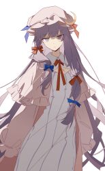 1girl :/ blue_bow blue_ribbon bow breasts capelet cleavage cleavage_cutout closed_mouth clothing_cutout collared_dress commentary crescent crescent_hat_ornament dress expressionless frilled_capelet frilled_sleeves frills hair_bow hair_ribbon hat hat_ornament hat_ribbon highres long_hair long_sleeves looking_at_viewer mob_cap open_clothes open_robe patchouli_knowledge pink_capelet pink_hat pink_robe puffy_long_sleeves puffy_sleeves purple_eyes purple_hair red_bow red_ribbon ribbon robe sidelocks simple_background solo striped_clothes striped_dress touhou vertical-striped_clothes vertical-striped_dress very_long_hair white_background wuliwuli909