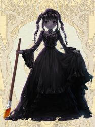 1girl apron bell_sleeves black_apron black_bow black_bowtie black_dress black_eyes black_hair bow bowtie closed_mouth colored_skin criss-cross_halter dairoku_ryouhei dress drill_hair full_body gown grey_skin halterneck holding holding_paintbrush liquid_clothes liquid_hair long_dress long_hair long_sleeves looking_at_viewer oversized_object paintbrush shizuya_(szy_tw) sidelocks skirt_hold smile solo standing straight-on twin_drills twintails wispy_bangs yellow_background