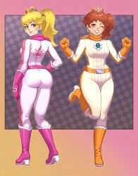2girls absurdres ass belt biker_daisy biker_peach bird blonde_hair blue_eyes bodysuit boots breasts brooch brown_hair checkered_background clenched_hands commission commissioner_upload corner crow earrings flower_brooch flower_earrings from_behind full_body gloves grin hand_on_own_hip hands_up high_heel_boots high_heels highres jewelry knee_boots looking_at_viewer luchidart mario_(series) mario_kart mario_kart_world medium_breasts medium_hair multiple_girls nintendo non-web_source official_alternate_costume official_alternate_hairstyle one_eye_closed orange_belt orange_boots orange_gloves orange_scarf pink_belt pink_boots pink_gloves pink_lips pink_scarf ponytail princess_daisy princess_peach scarf side_ponytail smile sphere_earrings teeth white_bodysuit