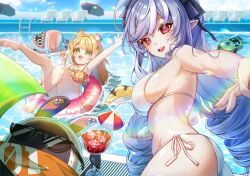 2girls absurdres afloat amillion_(zenless_zone_zero) animal_ears ass bangboo_(zenless_zone_zero) barefoot beach_chair bikini blonde_hair breasts cup drill_hair eous_(zenless_zone_zero) feet green_eyes hashtag-only_commentary highres holding holding_cup ju_fufu leegh19769 long_hair medium_breasts multiple_girls open_mouth pointy_ears pool pool_ladder purple_hair red_eyes red_innertube sideboob soles sunglasses swimsuit tail teeth tiger_ears tiger_girl tiger_stripes tiger_tail toes upper_teeth_only very_long_hair vivian_banshee white_bikini yellow_bikini zenless_zone_zero