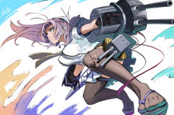 Rule 34 | 1girl, adapted turret, ahoge, antenna hair, black thighhighs, blush, breasts, cannon, gegesan, gloves, green eyes, grey hair, highres, holding, holding turret, kantai collection, kinugasa (kancolle), kinugasa kai ni (kancolle), long hair, looking at viewer, machinery, mast, medium breasts, neckerchief, necktie, one side up, purple sailor collar, purple skirt, rigging, sailor collar, sandals, school uniform, serafuku, ship turret, signature, simple background, skirt, smile, smokestack, solo, thighhighs, torpedo launcher, torpedo tubes, turret, white background, yellow neckerchief, yellow necktie