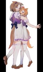 2girls :d :o ahoge animal_ears arm_around_neck back_bow blue_bow blush bow brown_hair brown_shoes brown_tail commentary_request crown ear_ornament ear_ribbon ears_down full_body furrowed_brow hair_over_one_eye heads_together height_difference highres horse_ears horse_girl horse_tail hug mary_janes meisho_doto_(umamusume) mini_crown multiple_girls ohima_kajitu open_mouth orange_hair orange_tail pleated_skirt puffy_short_sleeves puffy_sleeves purple_eyes purple_shirt sailor_collar sailor_shirt school_uniform shirt shoes short_hair short_sleeves skirt smile standing standing_on_one_leg summer_uniform t.m._opera_o_(umamusume) tail thighhighs tracen_school_uniform umamusume white_hair white_sailor_collar white_skirt white_thighhighs zettai_ryouiki