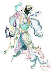 1girl absurdres barefoot black_hair blue_eyes chinese_clothes dr.hw feet gradient_hair highres long_hair looking_at_viewer multicolored_hair soles toes