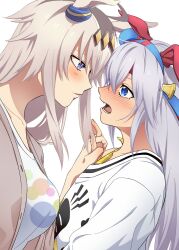2girls animal_ears blue_eyes blush breasts cardigan closed_mouth commentary_request ear_covers eye_contact face-to-face flustered grey_hair hair_ornament highres holding_hands horse_ears horse_girl interlocked_fingers korean_commentary long_hair looking_at_another multiple_girls oguri_cap_(umamusume) open_mouth shirt simple_background tamamo_cross_(umamusume) umamusume upper_body white_background white_shirt yangmal_(uma_red_sheep)