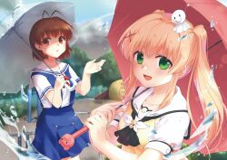 Rule 34 | 2girls, :d, absurdres, after rain, antenna hair, ascot, black ascot, blue skirt, blush, brown eyes, brown hair, clannad, company connection, cowboy shot, crossover, day, fingernails, furukawa nagisa, green eyes, hair between eyes, hair ornament, hairclip, hands up, happy, highres, holding, holding umbrella, key (company), long hair, looking at viewer, medium hair, misaki juri, multiple girls, open mouth, outdoors, parted lips, puffy short sleeves, puffy sleeves, rainbow, red umbrella, sailor collar, school uniform, serafuku, shirt, short sleeves, sidelocks, skirt, smile, sparkle, standing, summer pockets, summer uniform, suspender skirt, suspenders, sweater vest, teruterubouzu, tsumugi wenders, umbrella, under umbrella, upper body, water drop, white sailor collar, white shirt, white umbrella, x hair ornament, yellow sweater vest