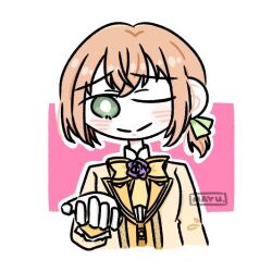1girl ;) alternate_hairstyle amamiya_sophia_seren arm_at_side artist_name assault_lily blush bow bowtie bright_pupils closed_mouth commentary cropped_torso flower gloves green_eyes hand_up imminent_hand_holding jacket long_sleeves looking_at_viewer low_side_ponytail mayu_(yu_e1602) neck_flower one_eye_closed orange_hair pink_background ponytail purple_flower purple_rose raised_eyebrows rose short_ponytail side_ponytail smile solo two-tone_background upper_body white_background white_gloves white_pupils yellow_bow yellow_bowtie yellow_jacket