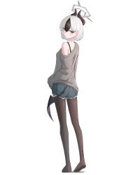 1girl absurdres black_hair black_horns black_pantyhose blue_archive blue_shorts blush bright_pupils closed_mouth commentary demon_horns demon_wings from_behind full_body grey_halo grey_sweater halo highres hit_by_hit horns kayoko_(blue_archive) long_sleeves looking_at_viewer multicolored_hair no_shoes off_shoulder pantyhose red_eyes shorts simple_background single_bare_shoulder single_wing solo standing sweater two-tone_hair white_background white_hair white_pupils wings
