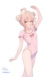 1girl absurdres arm_up ballet breasts collarbone covered_navel double_bun genderswap genderswap_(mtf) hair_bun highres leotard onii-chan_wa_oshimai! open_mouth orange_eyes oyama_mahiro pa_panahana pink_hair short_sleeves simple_background small_breasts solo white_background