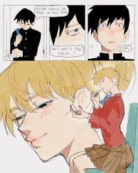 Rule 34 | 2boys, absurdres, applying makeup, black eyes, black hair, blonde hair, blue eyeliner, blush, cc s deg, closed mouth, compact (cosmetics), cosmetics, crossdressing, eyeliner, gakuran, highres, holding, holding lipstick tube, implied yaoi, kageyama ritsu, lipstick tube, long sleeves, makeup, male focus, mob psycho 100, multiple boys, nose blush, pale skin, pink lips, ponytail, reigen arataka, school uniform, short hair, simple background, smile