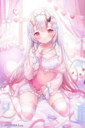 1girl 2016 bandaged_horn bare_shoulders bell blue_eyes blush bow box buttons camisole candy center-flap_bangs collarbone copyright_notice criss-cross_halter curtains double-parted_bangs fingernails food frilled_camisole frilled_hairband frills full_body gift gift_box gradient_hair hair_bell hair_between_horns hair_ornament hair_over_shoulder hairband hairclip halterneck hand_mirror hand_up heart heart-shaped_food heart-shaped_lollipop heart-shaped_pillow highres holding holding_pillow hololive horns indoors jacket jacket_partially_removed jingle_bell light_particles lollipop long_hair long_sleeves looking_at_viewer mirror multicolored_hair nail_polish nakiri_ayame no_shoes official_art omochi_monaka on_bed open_clothes open_jacket pillow pink_eyes pink_hair pink_jacket pink_nails pink_thighhighs plastic_wrap puffy_long_sleeves puffy_sleeves ribbon shaped_lollipop sidelocks sitting skindentation sleeve_bow sleeves_past_wrists smile solo sparkle streaked_hair striped_clothes striped_thighhighs sunlight thighhighs very_long_hair virtual_youtuber wariza white_bow white_camisole white_ribbon white_thighhighs window x_hair_ornament zettai_ryouiki