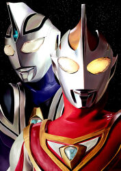 Rule 34 | 2boys, 4ze meteor, absurdres, alien, armor, black sky, blue gemstone, blue skin, breastplate, color timer, colored skin, commentary, compound eyes, dorsal fin, forehead jewel, gem, glowing, glowing eyes, gold trim, highres, looking ahead, looking at viewer, male focus, multicolored skin, multiple boys, portrait, red skin, silver skin, silver trim, sky, star (sky), starry sky, starry sky background, tokusatsu, ultra series, ultraman agul, ultraman gaia, ultraman gaia (series), wrinkled skin, yellow eyes