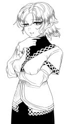 1girl arm_under_breasts arm_warmers breasts commentary_request cowboy_shot greyscale hand_on_own_chin highres looking_at_viewer medium_breasts mizuhashi_parsee monochrome open_mouth parted_bangs pointy_ears shirt short_hair short_sleeves simple_background skirt solo touhou yokozuna_iwashi